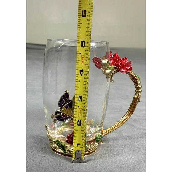 Elegant Tea Cup Glass Coffee Mug Enamel Rose Flower Butterfly ARC and Spoon - Picture 13 of 16